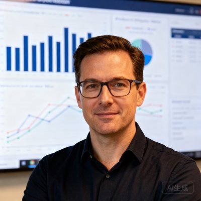 James Wilson 产品总监,戴眼镜,背景是数据看板